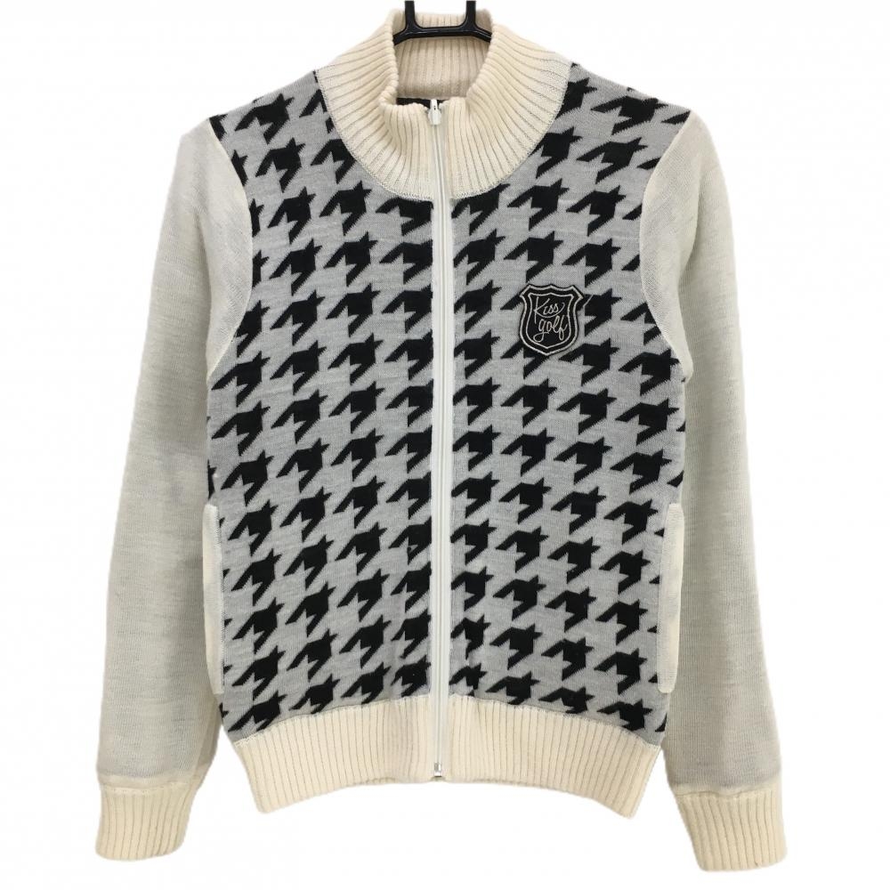 キスオンザグリーン 中綿リバーシブルジャケット 白×黒 前身頃千鳥格子 ニット 裏無地 レディース F ゴルフウェア kiss on the green