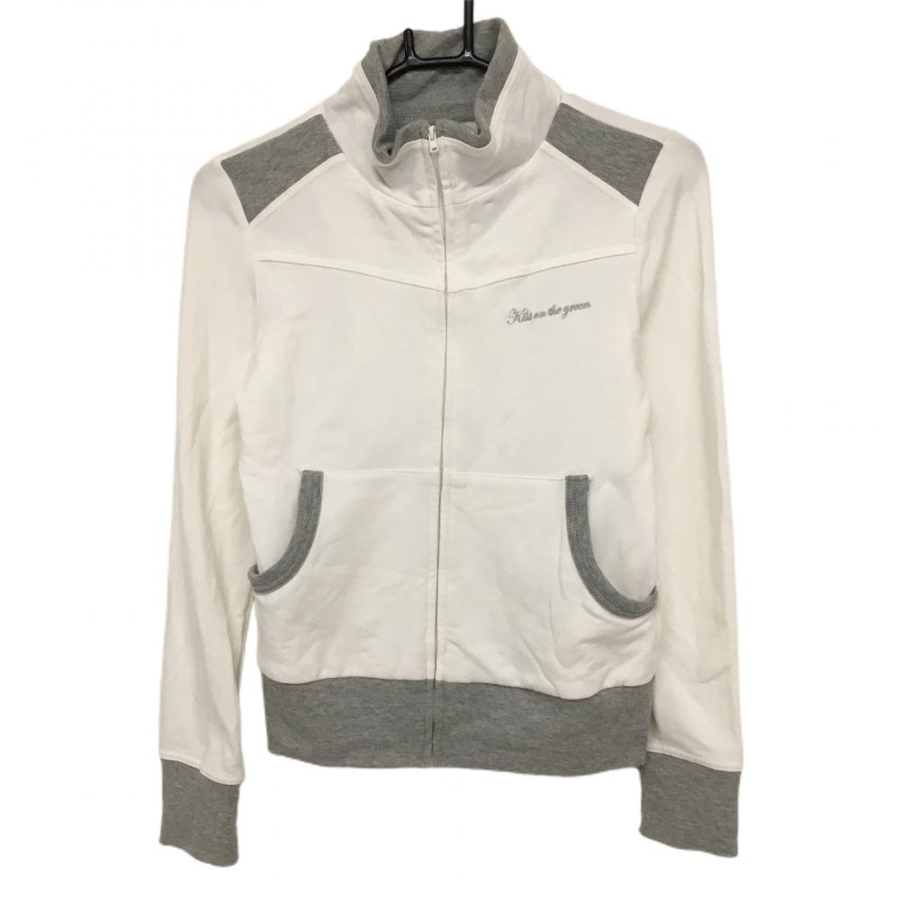 【美品】キスオンザグリーン ジャケットブルゾン 白×グレー ストレッチ  レディース 2 ゴルフウェア kiss on the green