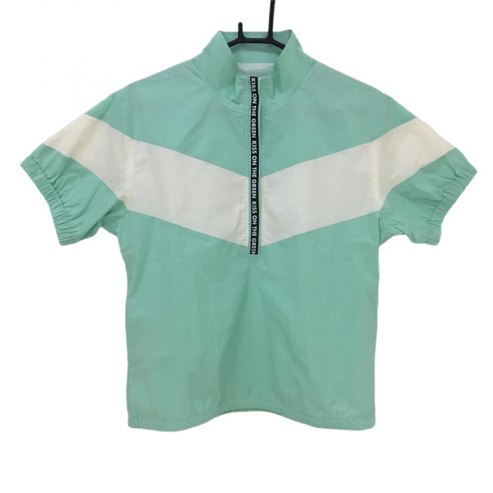 【美品】キスオンザグリーン 半袖ジャケット ライトグリーン×白 ハーフジップ レディース 2(M) ゴルフウェア kiss on the green