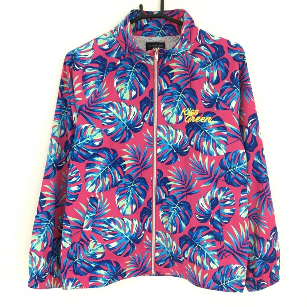 【超美品】キスオンザグリーン ジャケット ピンク×ブルー リーフ柄 メッシュ裏地  レディース 2(M) ゴルフウェア kiss on the green