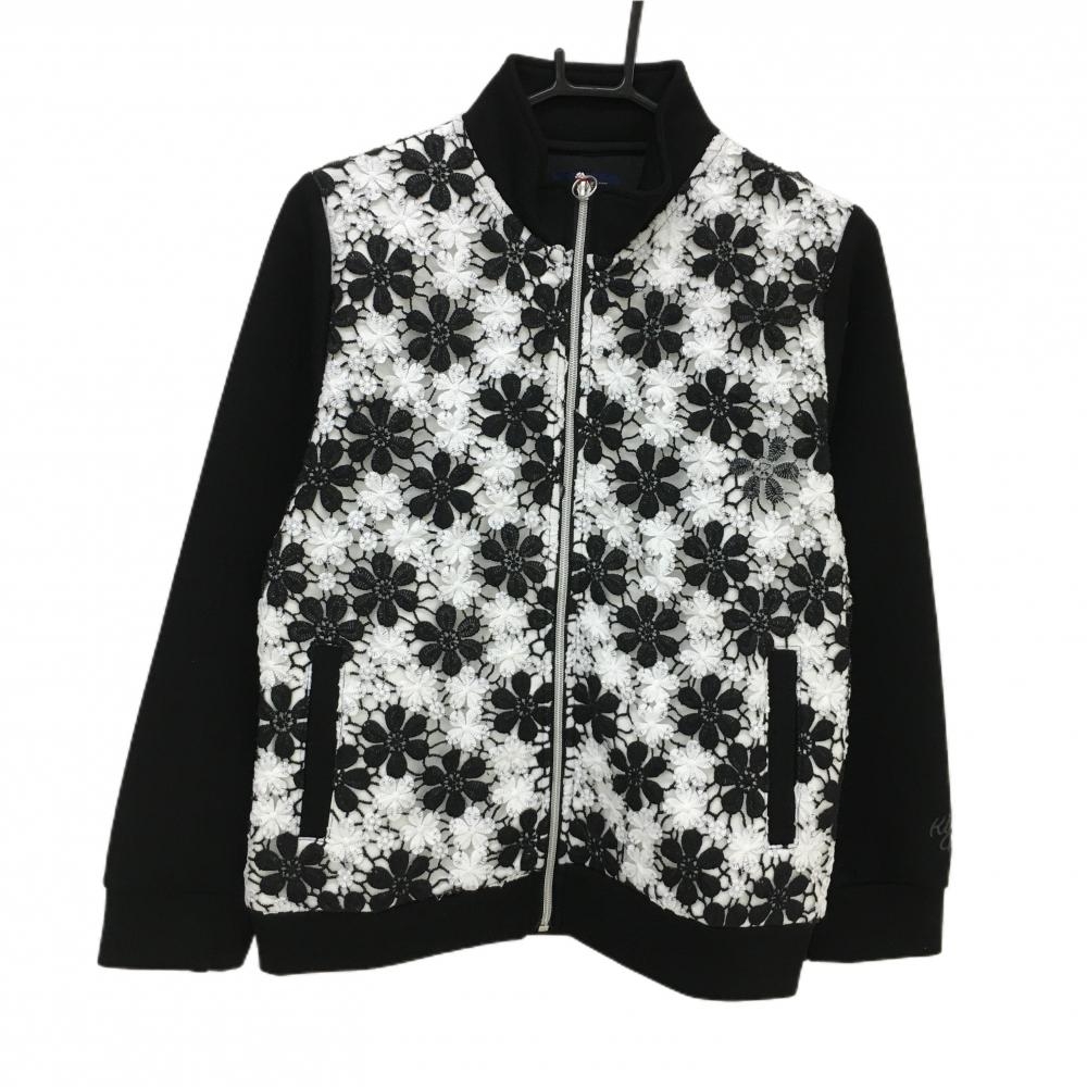 【新品】キスオンザグリーン ジャケットブルゾン 黒×白 身頃花柄 レース レディース 2(M) ゴルフウェア kiss on the green