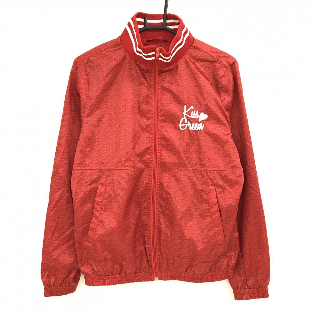【超美品】キスオンザグリーン ジャケットブルゾン レッド×白 総柄 リボン 裏地メッシュ レディース 3(L) ゴルフウェア kiss on the green