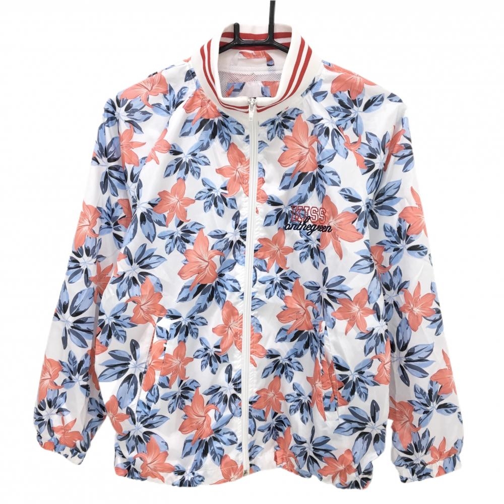 キスオンザグリーン ジャケットブルゾン 白×ライトブルー 花柄 裏地メッシュ  レディース 2(M) ゴルフウェア kiss on the green