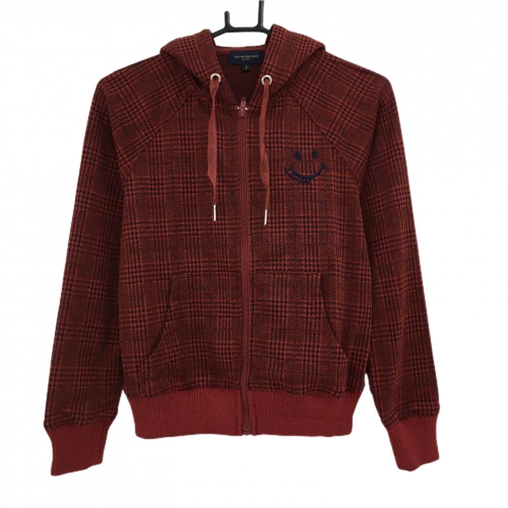 【新品】キスオンザグリーン ジップパーカー レッド×黒 グレンチェック スマイル レディース 2(M) ゴルフウェア kiss on the green