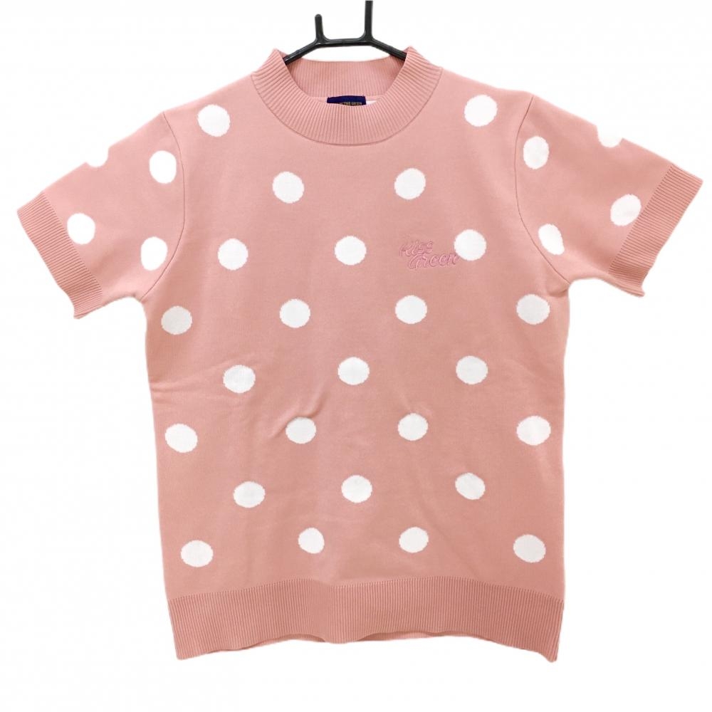 【美品】キスオンザグリーン 半袖ハイネックセーター ピンク×白 ドット柄 ニット レディース 3(L) ゴルフウェア kiss on the green