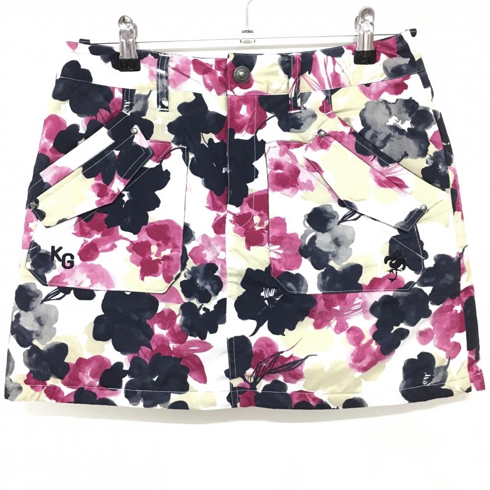 【超美品】キスオンザグリーン 中綿スカート 白×ピンク 花柄 6ポケット レディース 7 ゴルフウェア kiss on the green