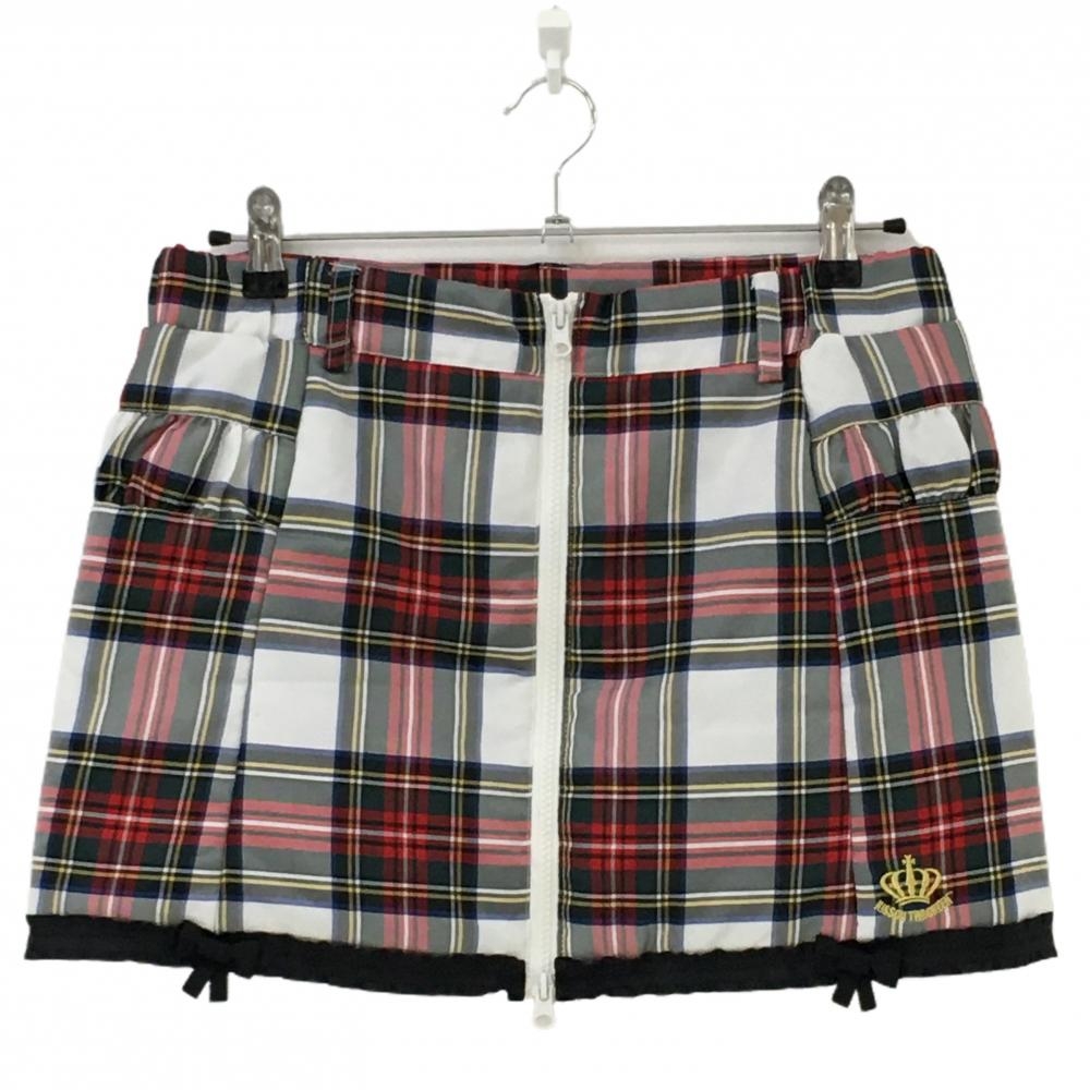 【美品】キスオンザグリーン 中綿スカート 白×レッド×グリーン チェック レディース 2(M) ゴルフウェア kiss on the green