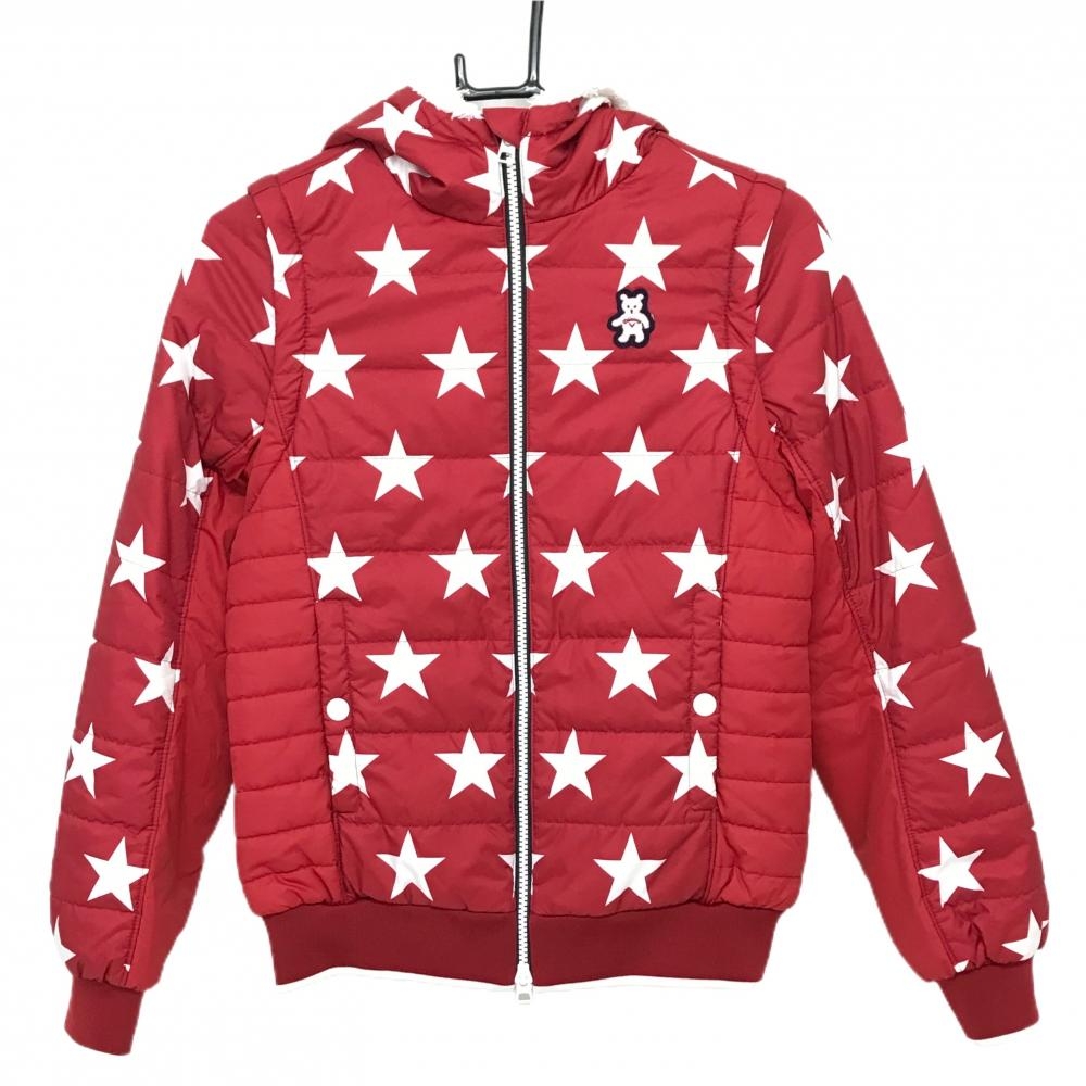 キャロウェイ 2WAY中綿ジャケット レッド×白 星柄 ベアワッペン 袖着脱可 フード一部ボア レディース M ゴルフウェア Callaway