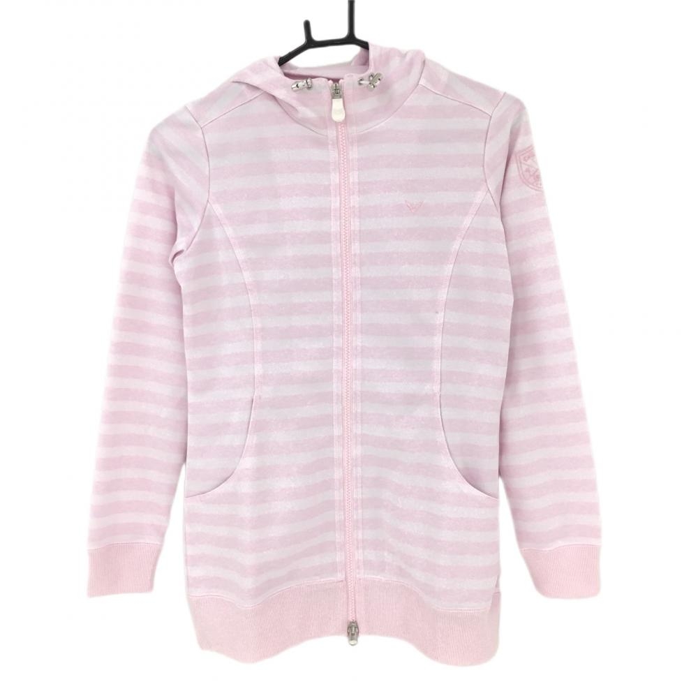 【美品】キャロウェイ パーカージャケット ライトピンク×白 ボーダー ブルゾン  レディース S ゴルフウェア Callaway