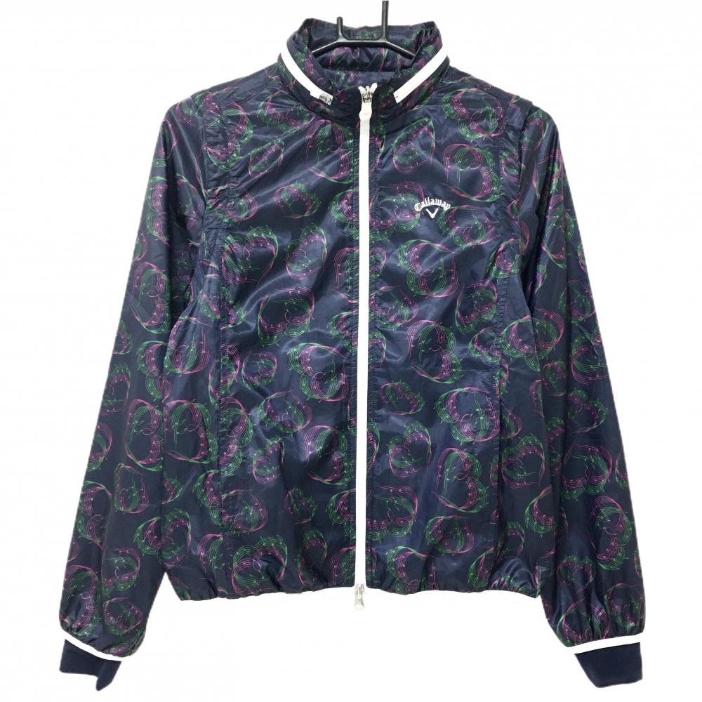 【美品】キャロウェイ 2WAYジャケット ネイビー×ピンク ハート柄 音符 袖着脱可 フード収納  レディース M ゴルフウェア Callaway