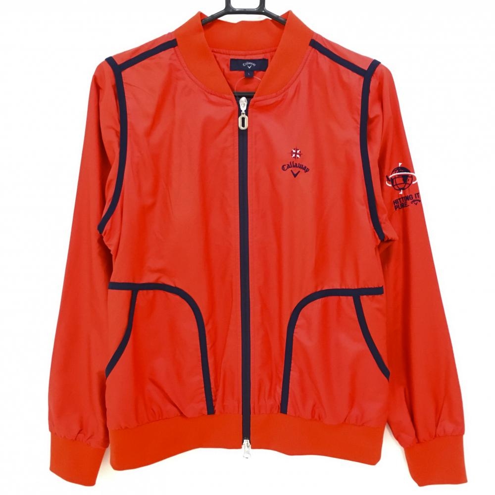 【超美品】キャロウェイ 2WAYジャケットブルゾン レッド×ネイビー 地模様 袖着脱可 レディース L ゴルフウェア Callaway