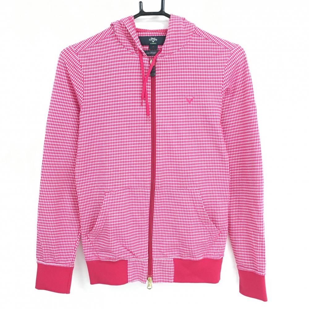 【超美品】キャロウェイ ジップパーカー ピンク系×白 チェック ジャケット レディース M ゴルフウェア Callaway