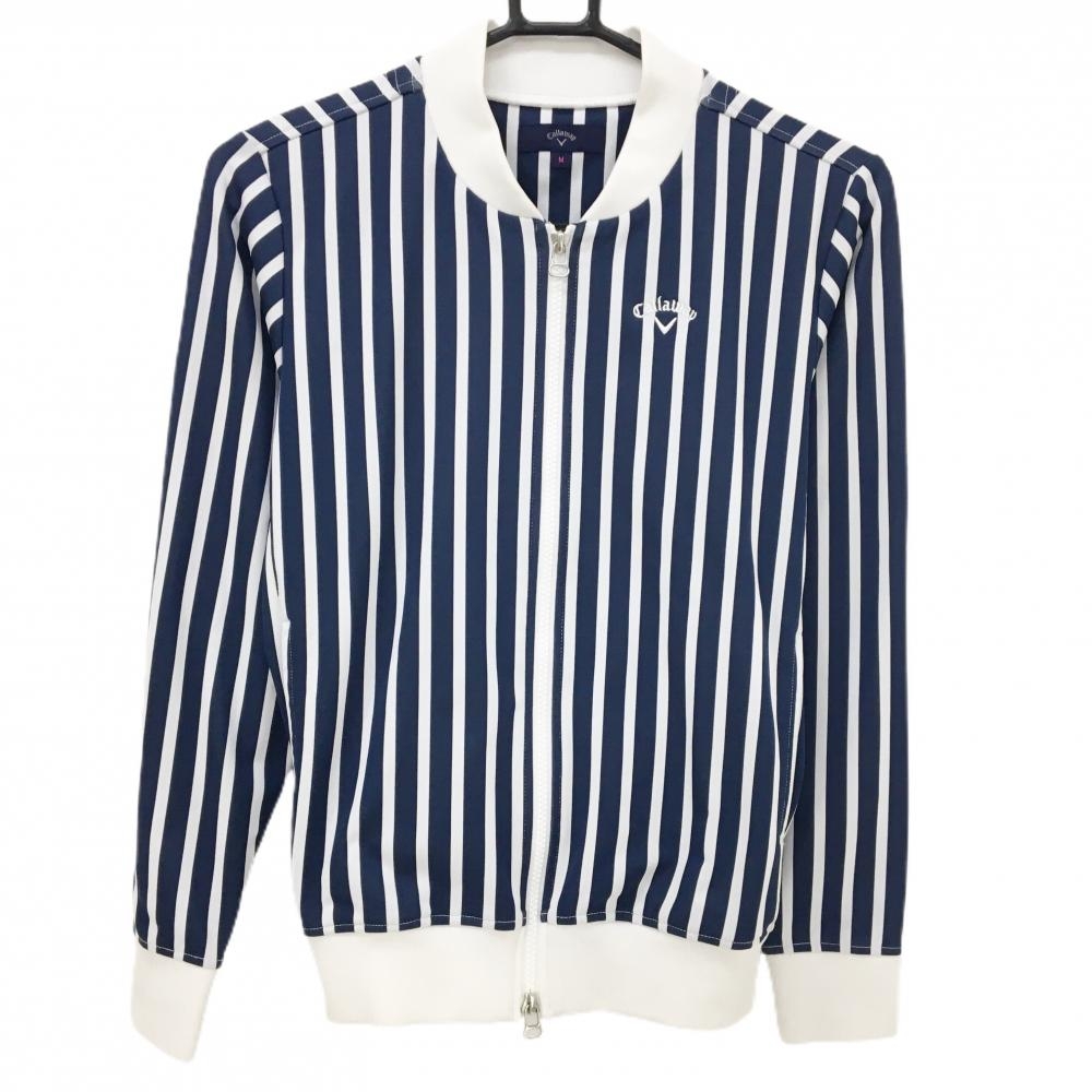 キャロウェイ ジャケットブルゾン ネイビー×白 ストライプ ロゴ刺しゅう  レディース M ゴルフウェア Callaway