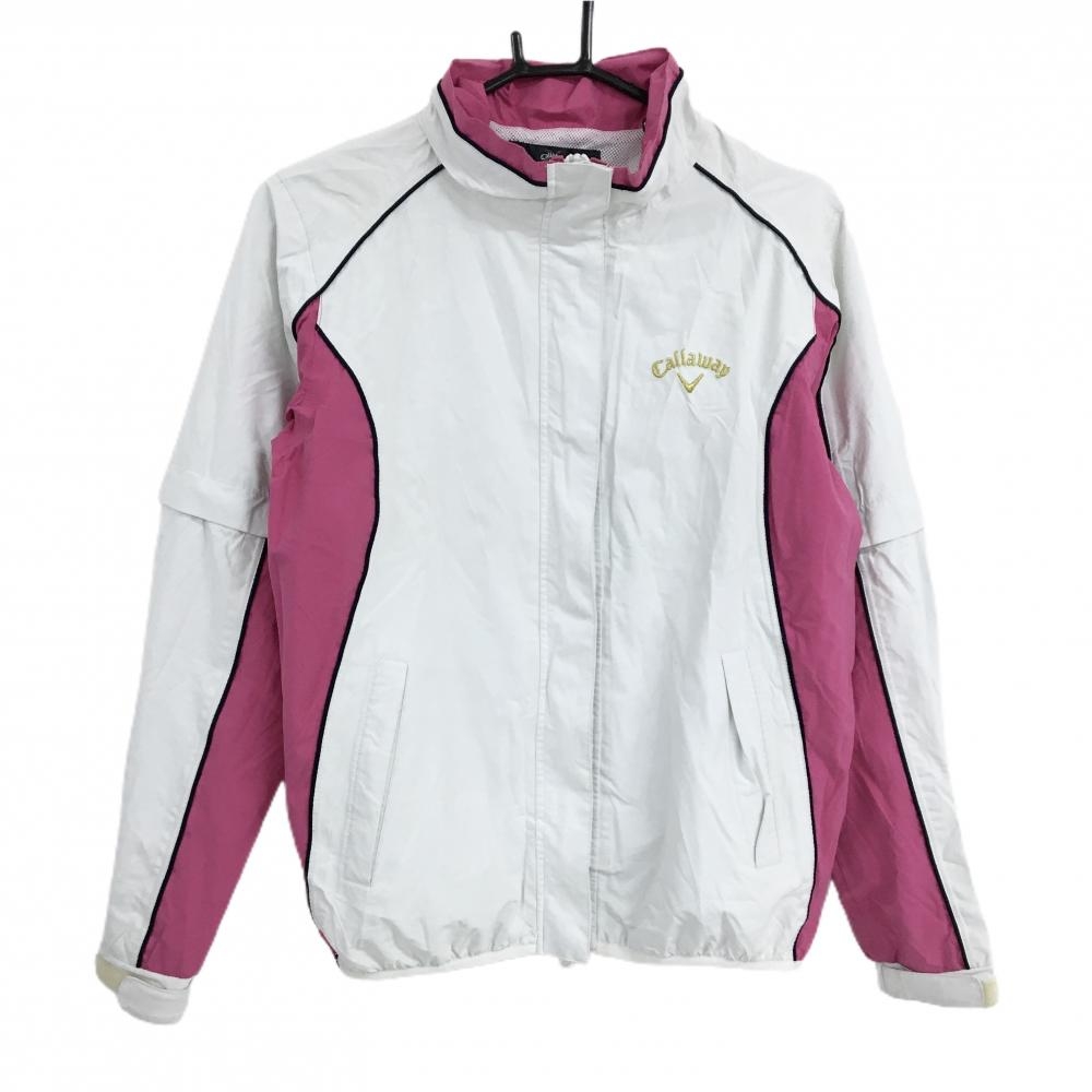 キャロウェイ 2WAYナイロンジャケット 白×ピンク ロゴゴールド 裏地メッシュ 袖着脱可 レディース L ゴルフウェア Callaway