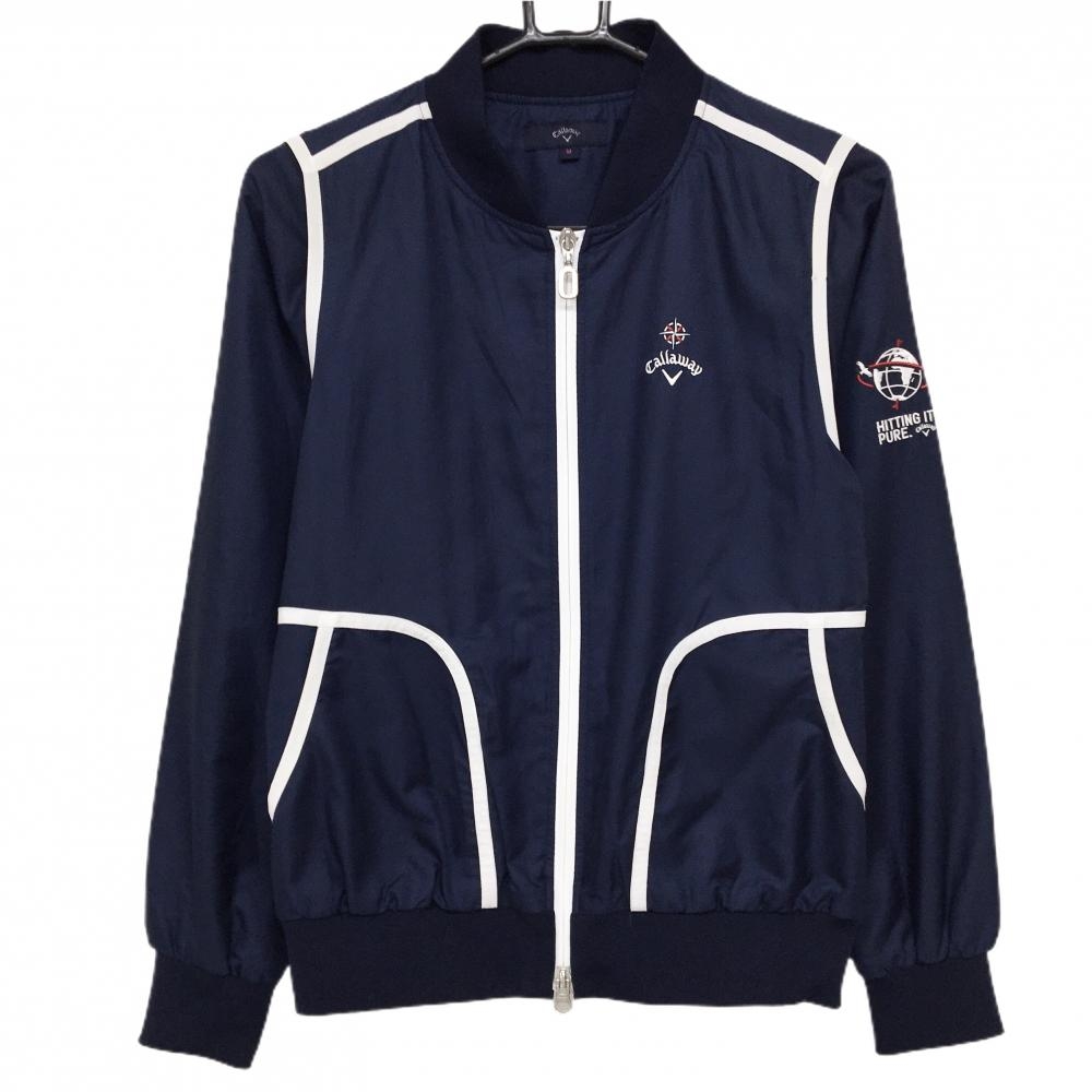 【美品】キャロウェイ 2WAYジャケット ネイビー×白 ロゴ刺しゅう 袖着脱可 レディース M ゴルフウェア Callaway