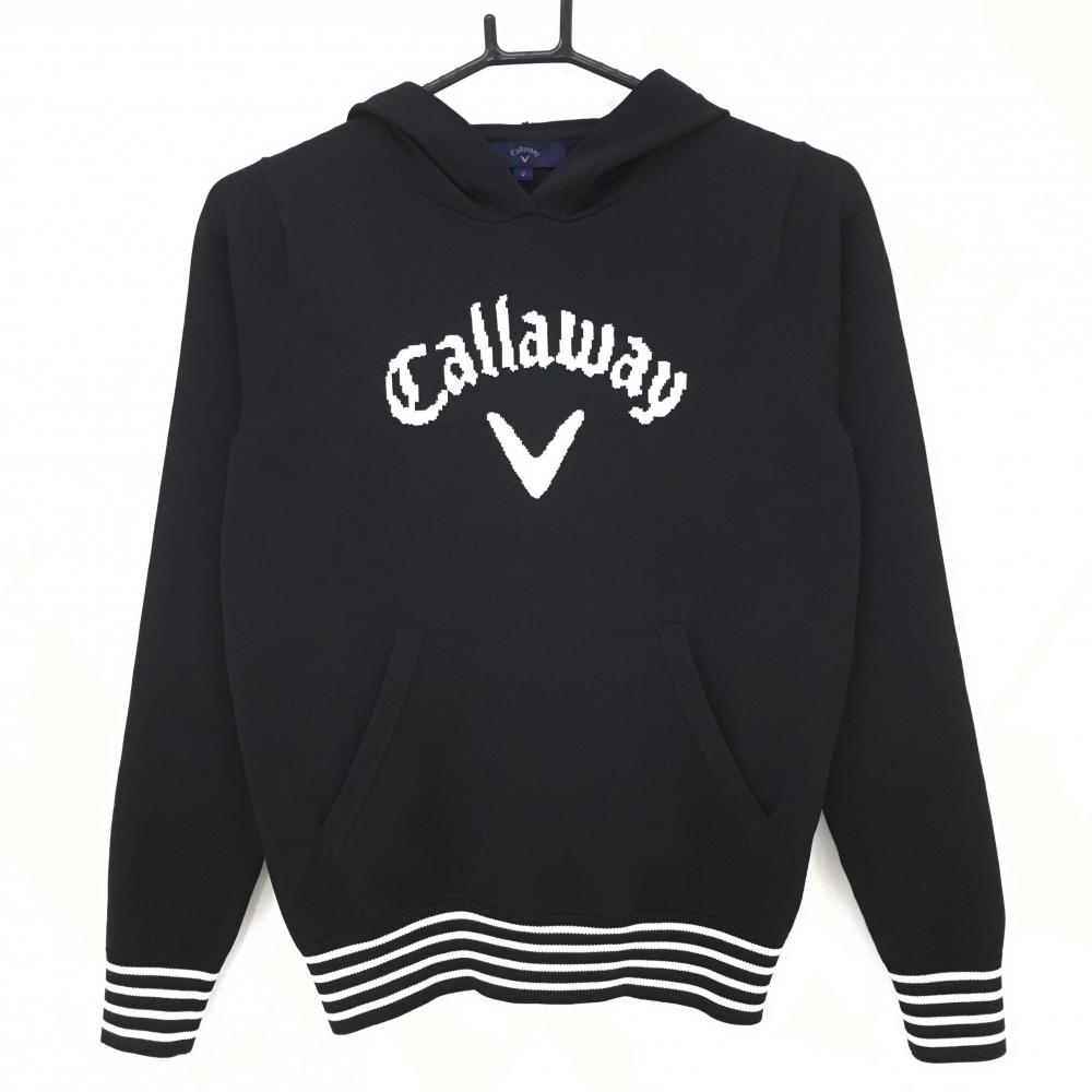 【超美品】キャロウェイ フード付セーター 黒×白 ロゴ 袖口・裾ライン   レディース S ゴルフウェア Callaway