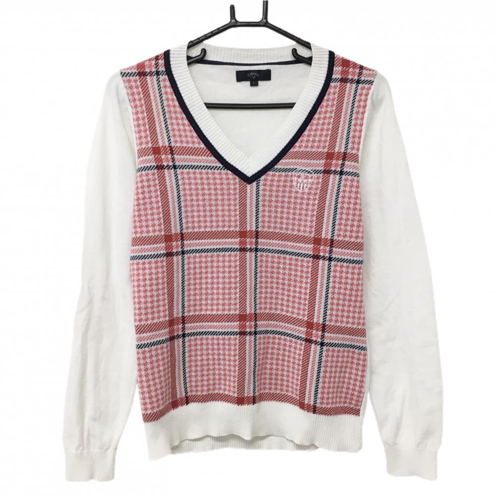 キャロウェイ セーター ピンク×白 前身頃千鳥格子 ニット Vネック コットン混 レディース L ゴルフウェア Callaway