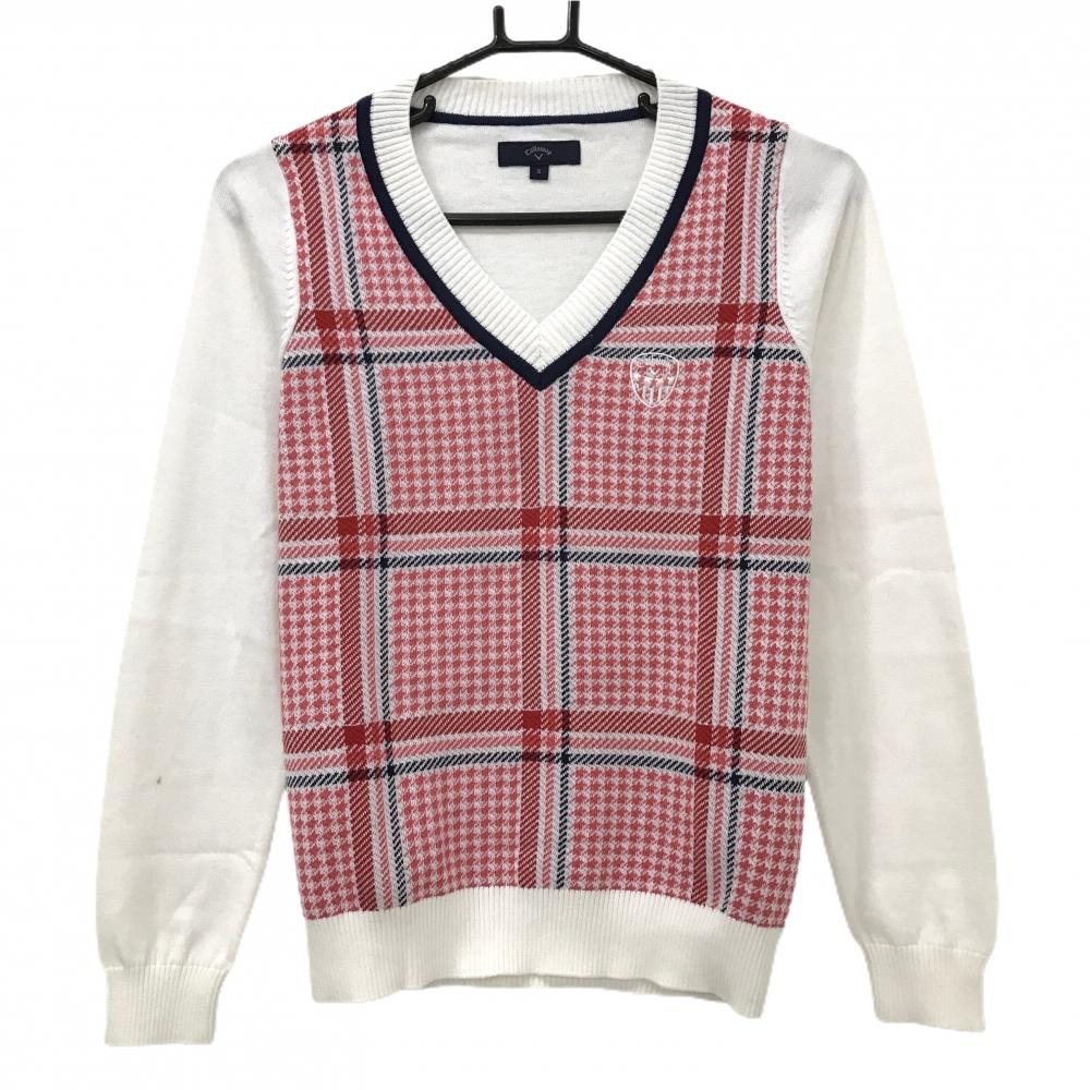 キャロウェイ セーター 白×ピンク 身頃格子チェック柄 Vネック  レディース S ゴルフウェア Callaway
