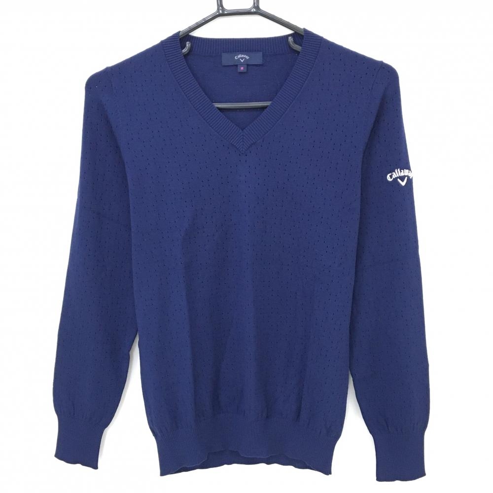 【超美品】キャロウェイ セーター ネイビー パンチング風 透かし編み 袖ロゴ Vネック レディース M ゴルフウェア Callaway