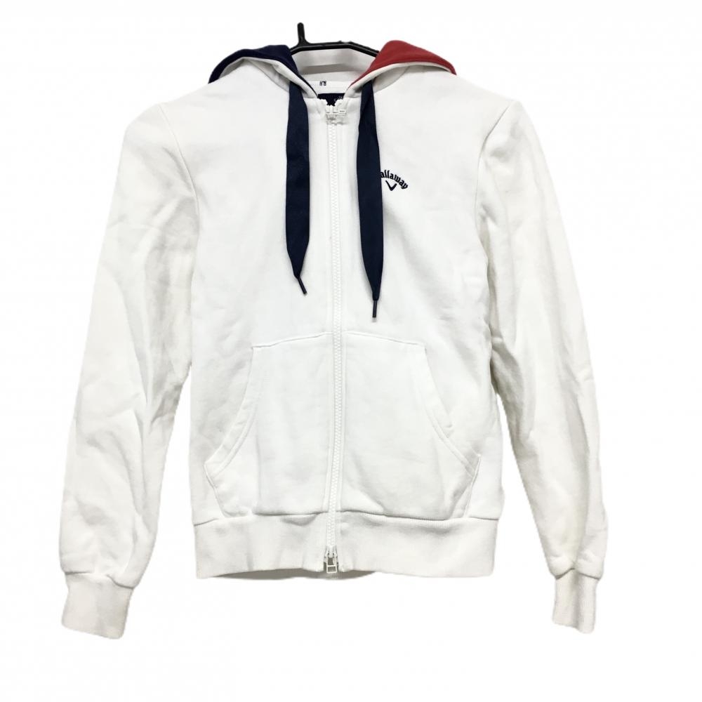 キャロウェイ ジップパーカー 白×ネイビー×レッド フード付 胸元ロゴ レディース S ゴルフウェア Callaway