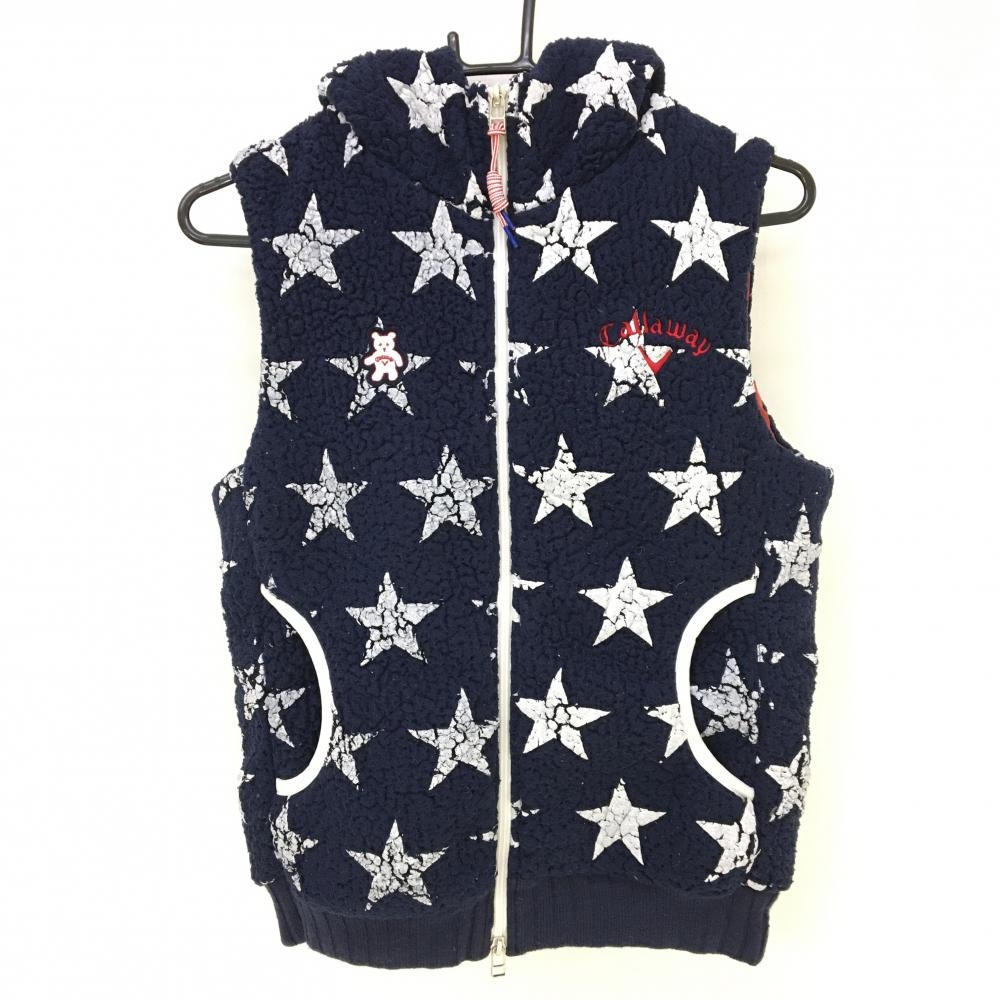 キャロウェイ 中綿ボアベスト ネイビー×白 星柄 ベア ウール混 スター フード付  レディース L ゴルフウェア Callaway