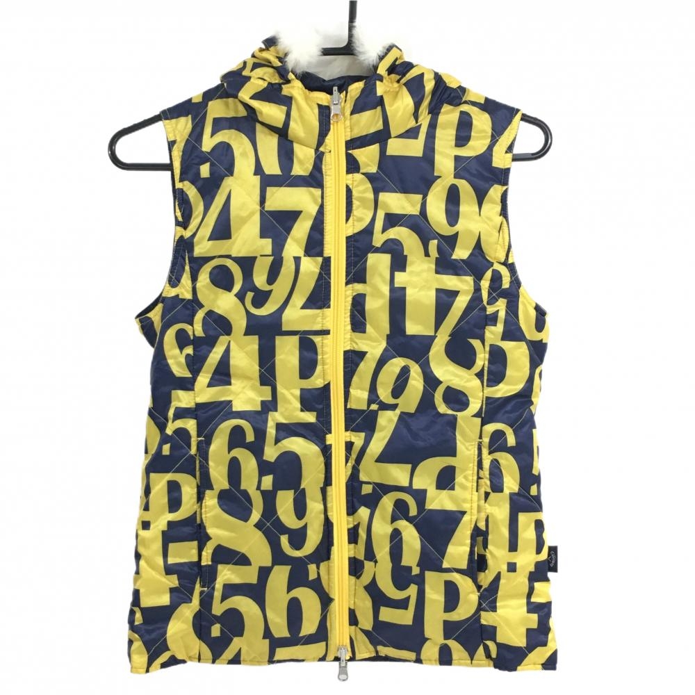 【超美品】キャロウェイ 中綿リバーシブルベスト ネイビー×イエロー 数字柄 フード付 ファー着脱可 レディース M ゴルフウェア Callaway