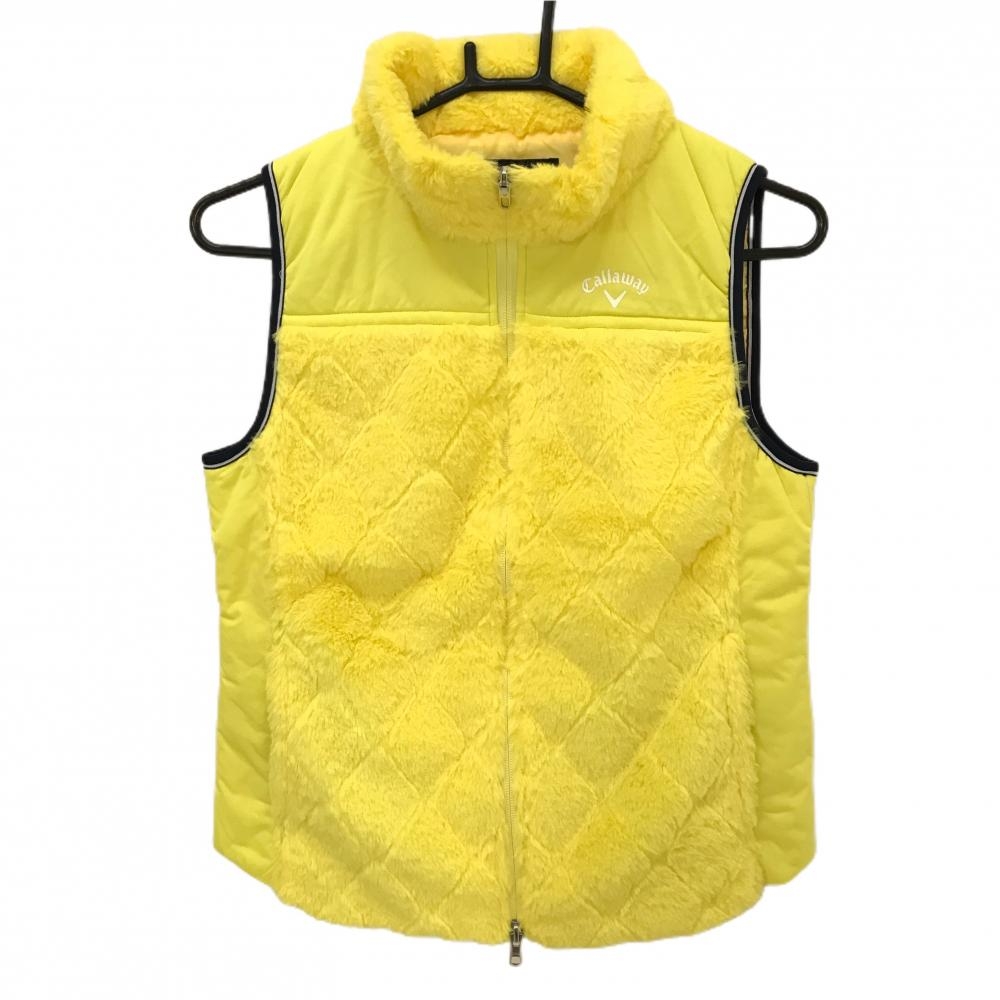 【超美品】キャロウェイ ボア切替中綿ベスト イエロー ロゴ白 一部中綿 ダブルジップ レディース M ゴルフウェア Callaway