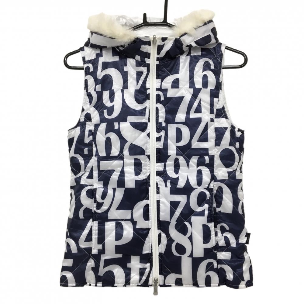 キャロウェイ 中綿リバーシブルベスト ネイビー×白 数字柄 裏白 フードファー着脱可 レディース M ゴルフウェア Callaway