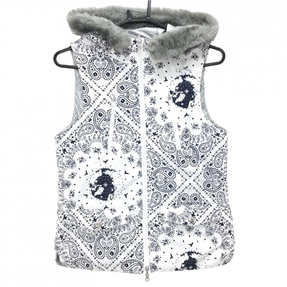 【美品】キャロウェイ フード付きリバーシブル中綿ベスト 白×ネイビー ペイズリー柄  レディース L ゴルフウェア Callaway