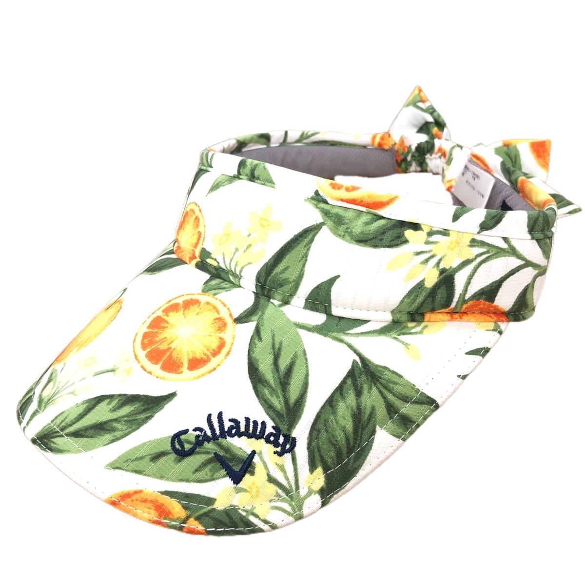 【超美品】キャロウェイ サンバイザー 白×オレンジ オレンジ柄×花柄 ストライプ織生地 後ろリボン レディース FR ゴルフウェア Callaway