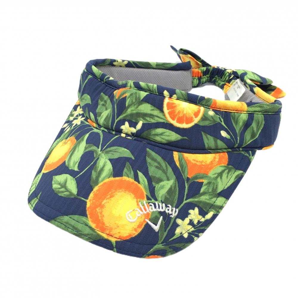 【美品】キャロウェイ サンバイザー ネイビー×グリーン×オレンジ 総柄 オレンジ 後ろリボン  レディース FR ゴルフウェア Callaway