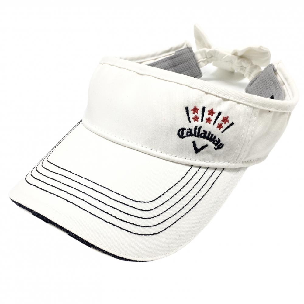 キャロウェイ サンバイザー 白 後ろリボン つば裏ストライプ レディース FR ゴルフウェア Callaway
