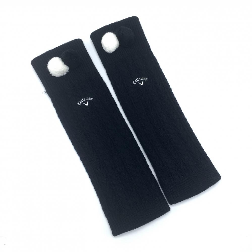 【美品】キャロウェイ ニットレッグウォーマー 黒 ケーブル編み 裏フリース ボンボン付  レディース  ゴルフウェア Callaway