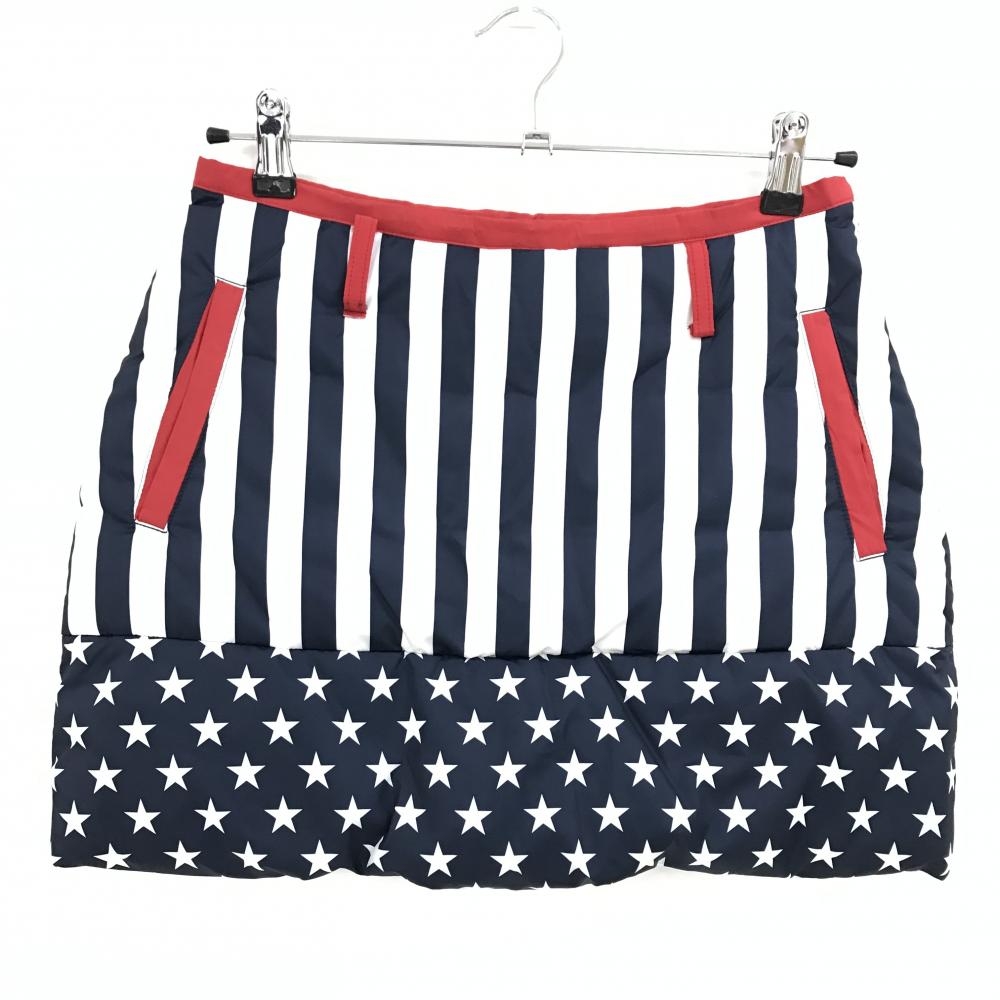 【美品】キャロウェイ ダウンスカート 白×ネイビー ストライプ 星条旗 ベアワッペン ダウン90％  レディース S ゴルフウェア Callaway