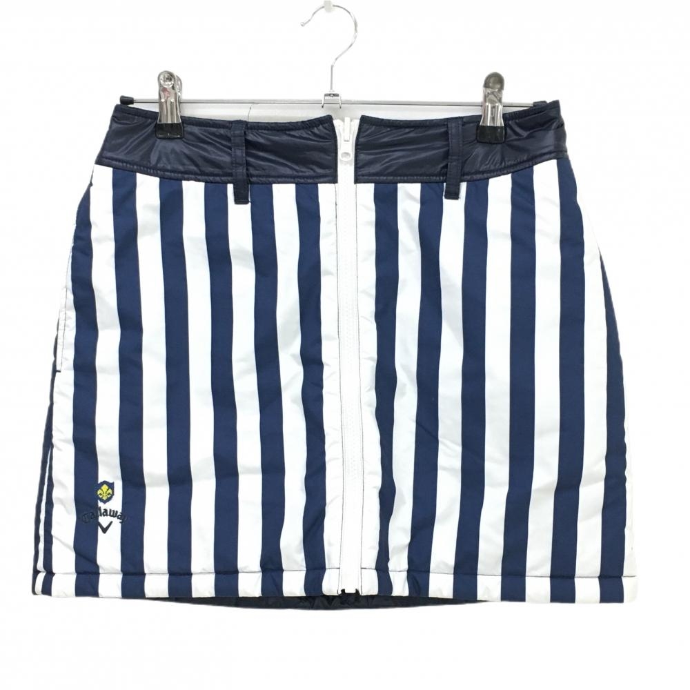【美品】キャロウェイ 中綿リバーシブルスカート 白×ネイビー ストライプ 片面無地 レディース M ゴルフウェア Callaway