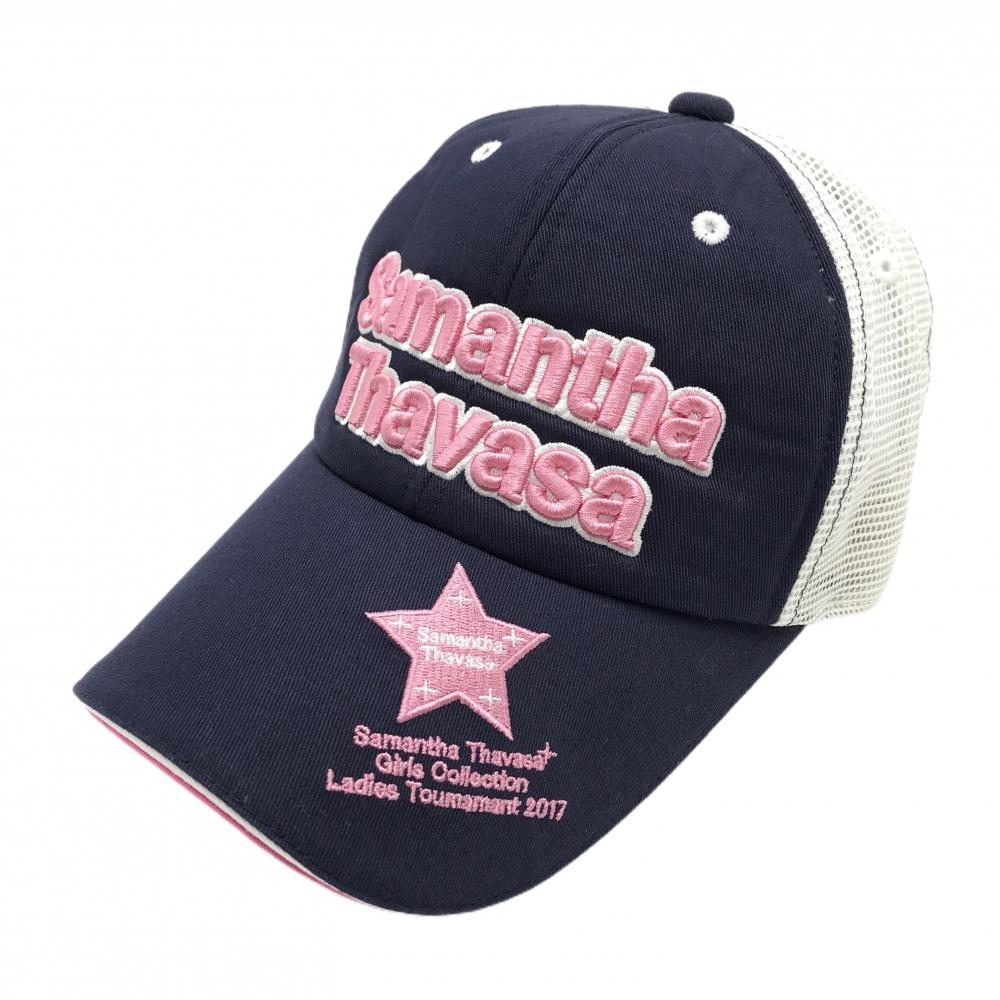 【美品】サマンサタバサUNDER25 メッシュキャップ ネイビー×ピンク 立体ロゴ レディース F ゴルフウェア Samantha Thavasa