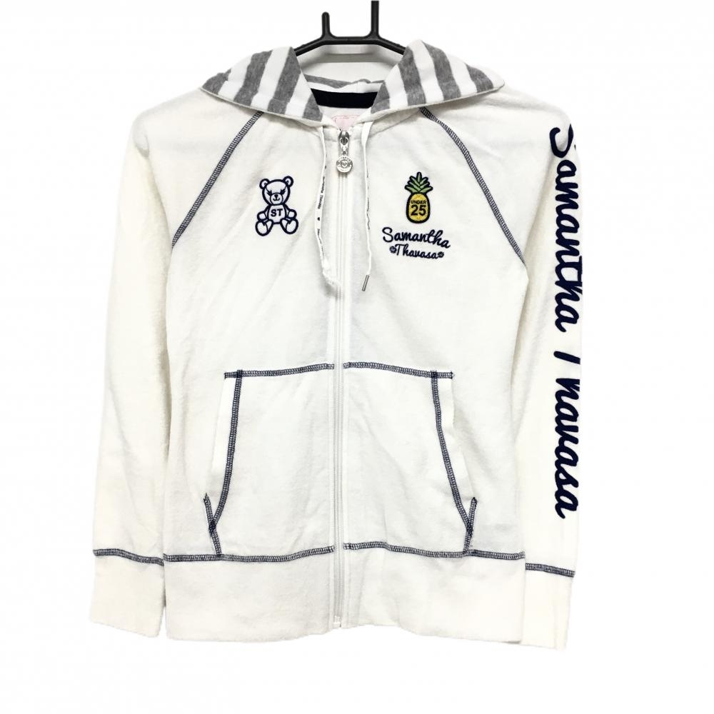 サマンサタバサ UNDER25 ジップパーカー 白×ネイビー パイル地 フードボーダー レディース S ゴルフウェア Samantha Thavasa