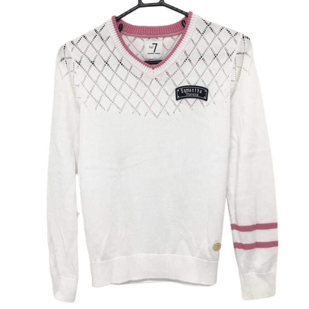 【美品】サマンサタバサ No.7 セーター  白×ピンク 上部透かし編み Ｖネック ニット レディース 38(S) ゴルフウェア Samantha Thavasa