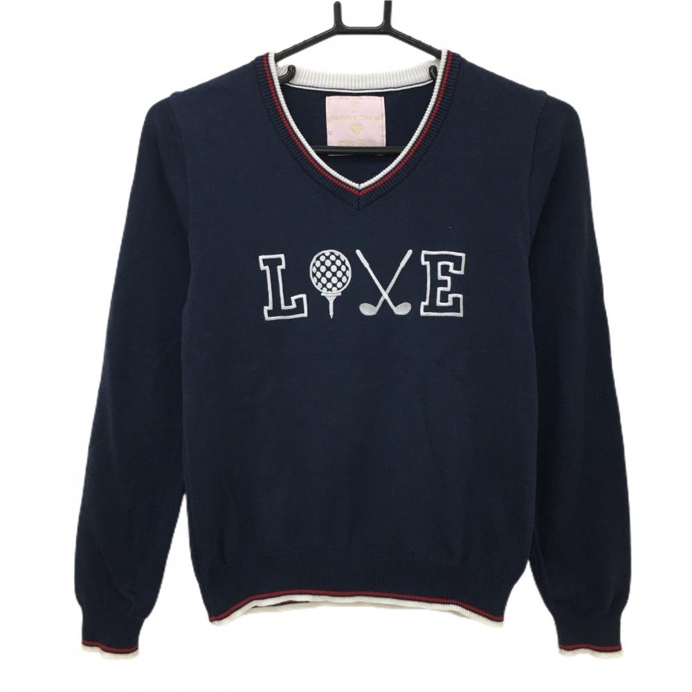 サマンサタバサUNDER25 セーター ネイビー×白 バックロゴ Vネック ニット レディース M ゴルフウェア Samantha Thavasa