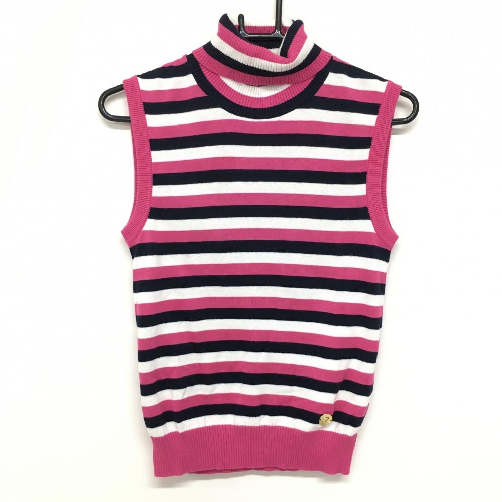 【美品】サマンサタバサNo.7 ノースリーブセーター ピンク×白 ボーダー タートルネック  レディース S ゴルフウェア Samantha Thavasa