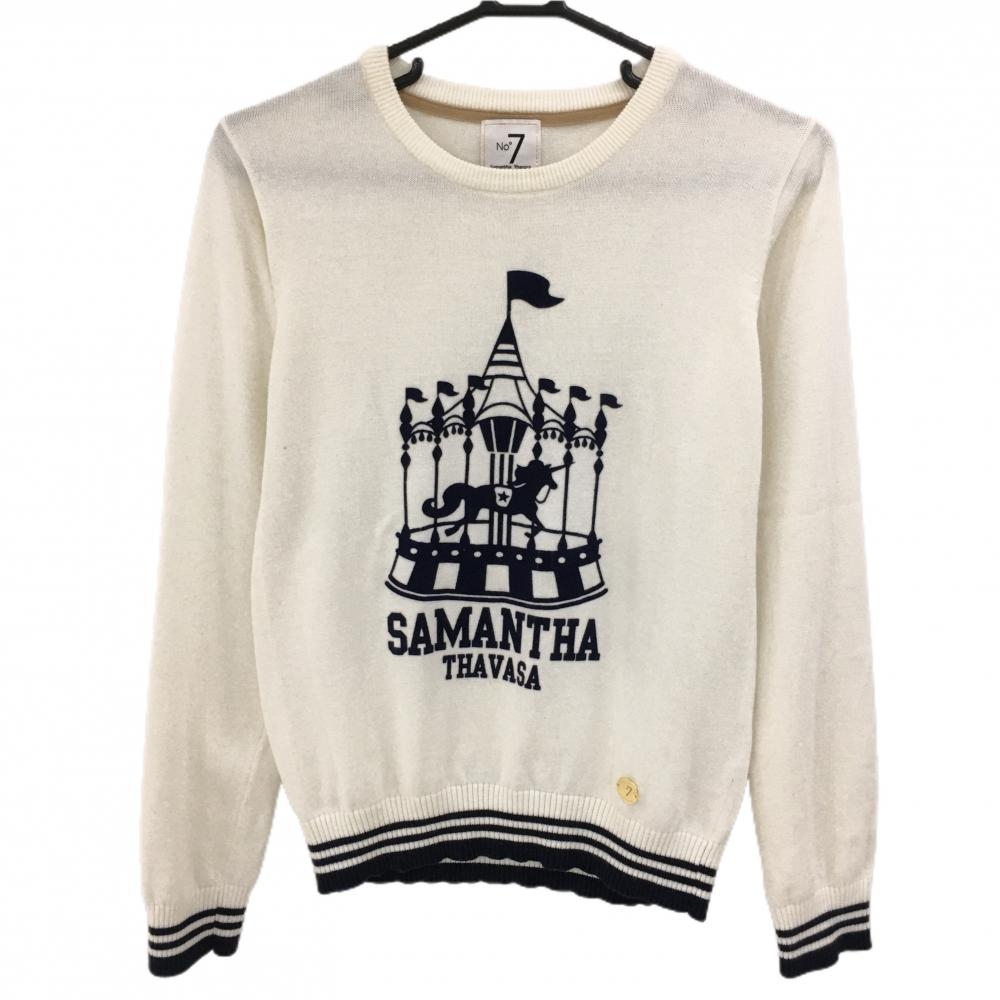 サマンサタバサNo.7 セーター 白×ネイビー フロッキープリント ニット 裾・袖口ライン  レディース L ゴルフウェア Samantha Thavasa