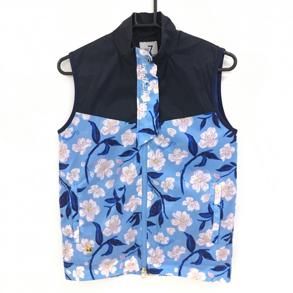 サマンサタバサNo.7 ジップベスト ブルー×ネイビー×ピンク 花柄 裏地メッシュ レディース 38(M) ゴルフウェア Samantha Thavasa