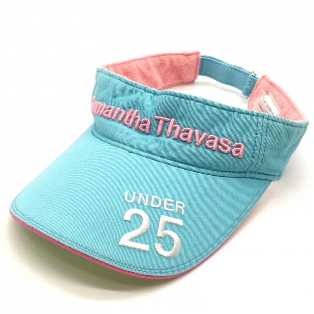 【美品】サマンサタバサ サンバイザー ライトブルー×ピンク 立体ロゴ刺しゅう 内側パイル地 レディース F ゴルフウェア Samantha Thavasa 画像
