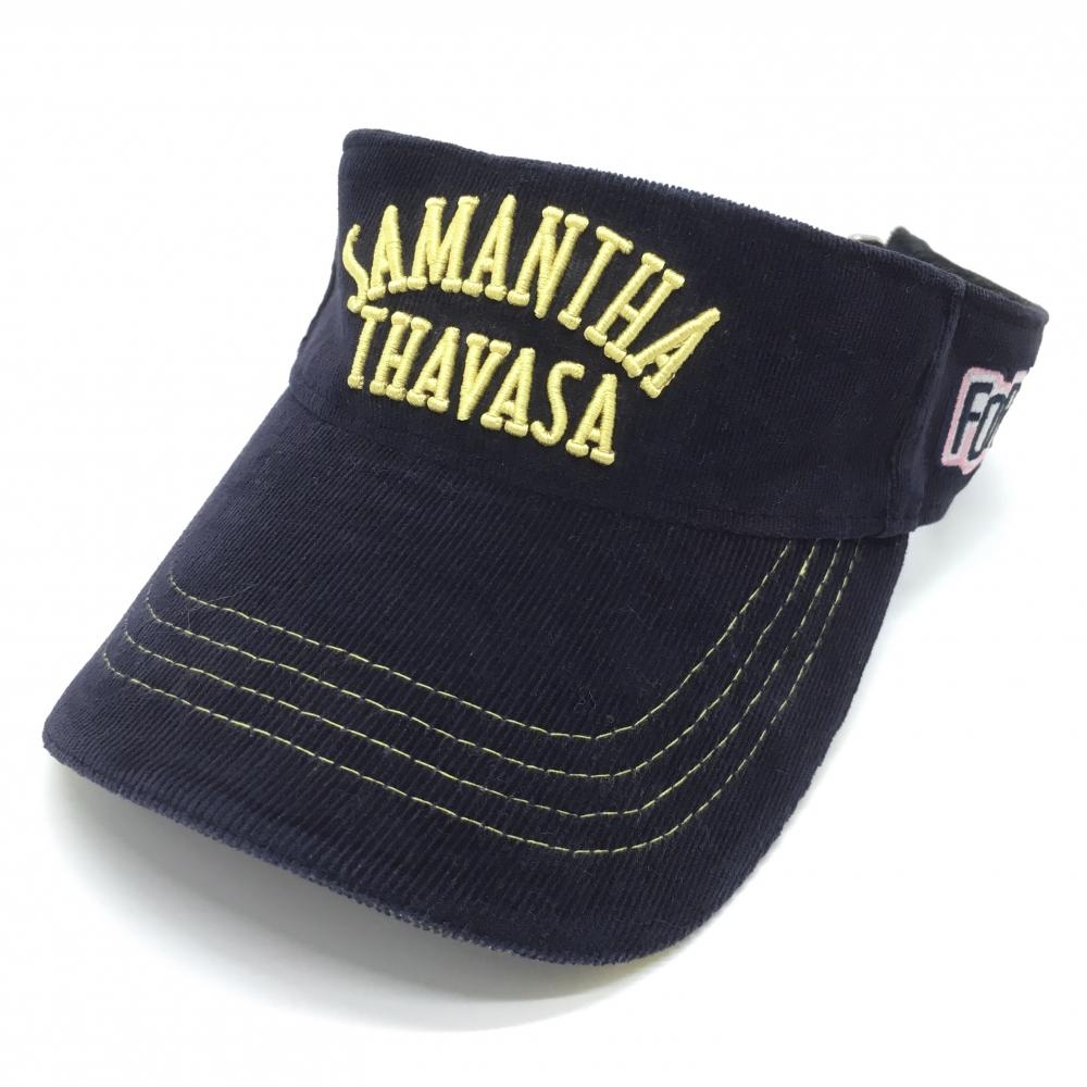 【美品】サマンサタバサUNDER25 サンバイザー ダークネイビー×イエロー コーデュロイ レディース F ゴルフウェア Samantha Thavasa