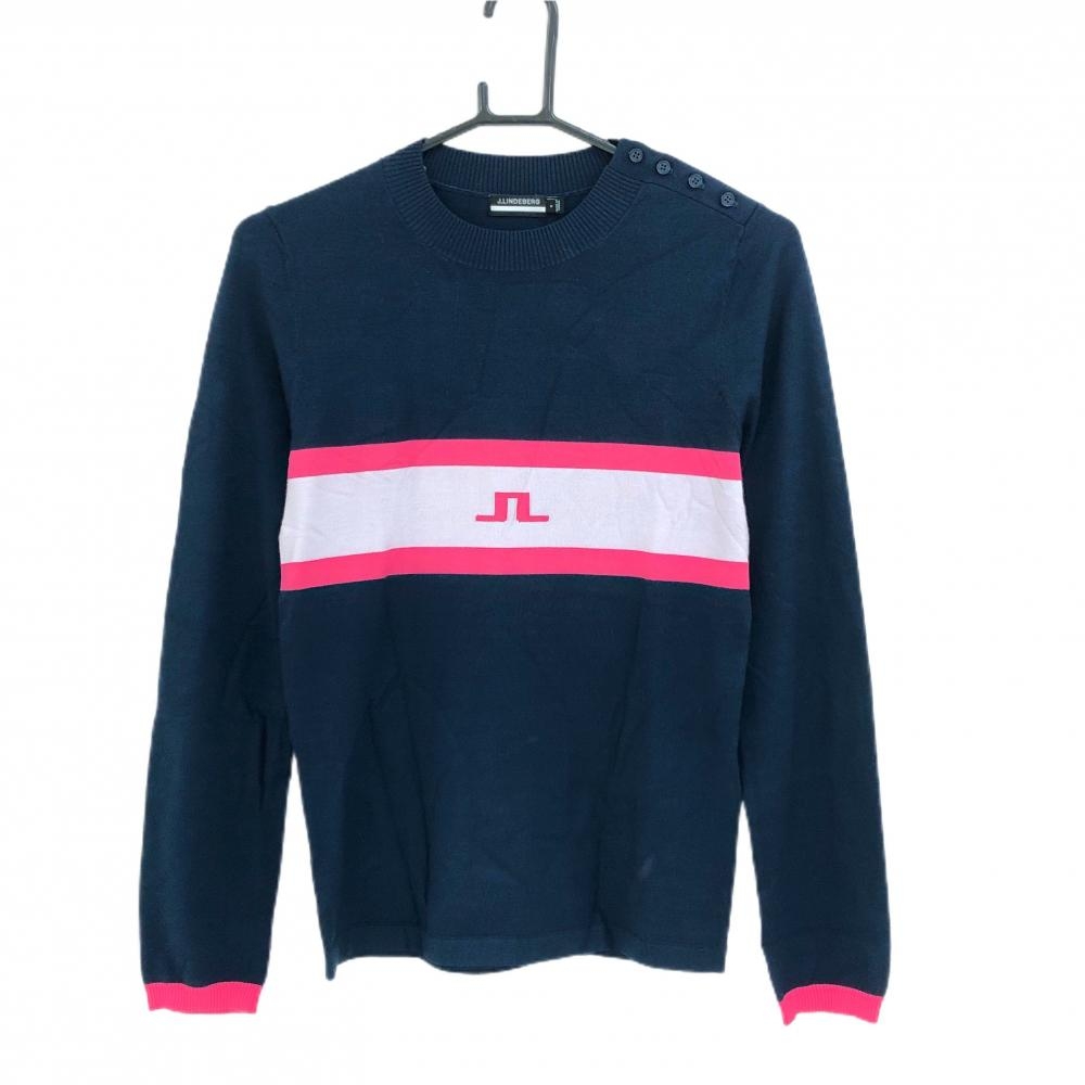 【超美品】ジェイリンドバーグ セーター ネイビー×ピンク ニット 薄手 レーヨン混 レディース S ゴルフウェア J．LINDEBERG