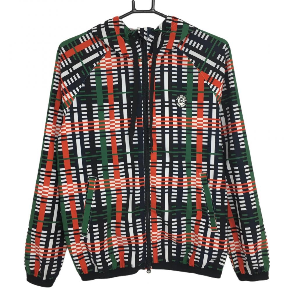 【美品】ジャックバニー ジップパーカー 白×グリーン×レッド チェック ストレッチ ジャケット  レディース 1(M) ゴルフウェア Jack Bunny
