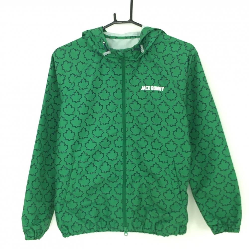 【美品】ジャックバニー ジップパーカー グリーン×ネイビー カエダ葉柄 ブルゾン  レディース 1(M) ゴルフウェア Jack Bunny