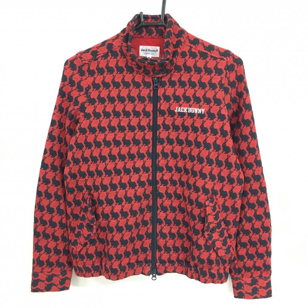 【美品】ジャックバニー ジャケットブルゾン レッド×ネイビー ラビット総柄 内側メッシュ レディース 0(S) ゴルフウェア Jack Bunny