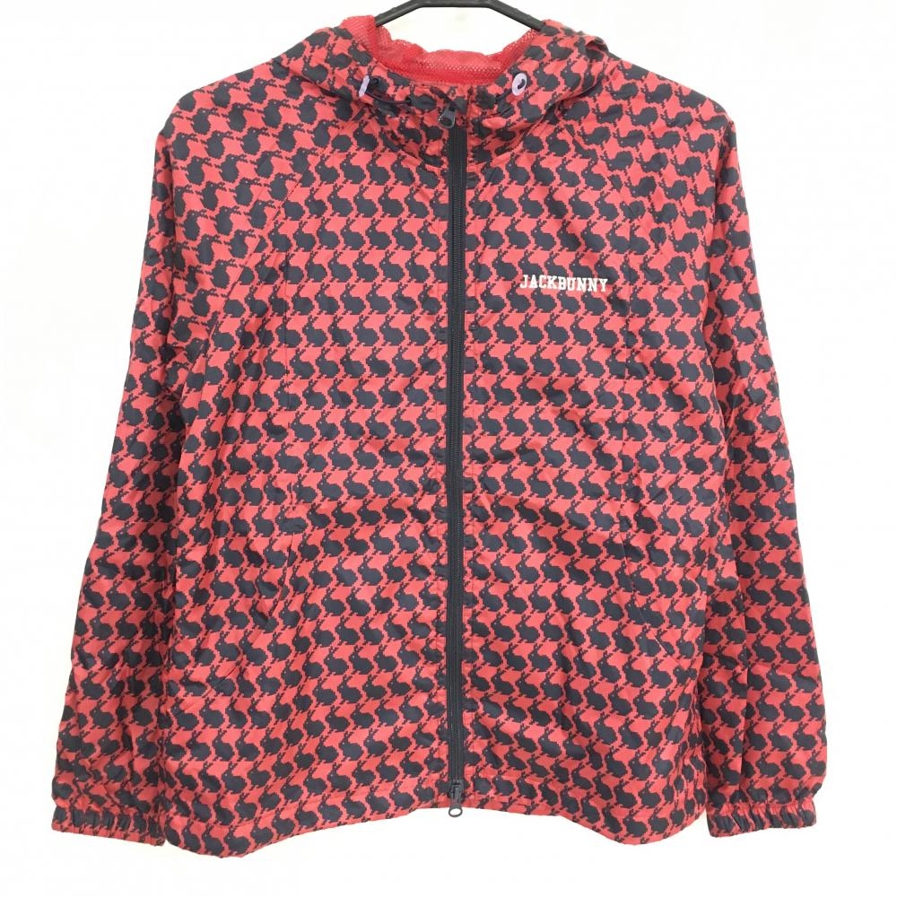 【超美品】ジャックバニー ジップパーカー ピンクレッド系×黒 ウサギ柄 裏メッシュ ジャケット レディース 1(M) ゴルフウェア Jack Bunny