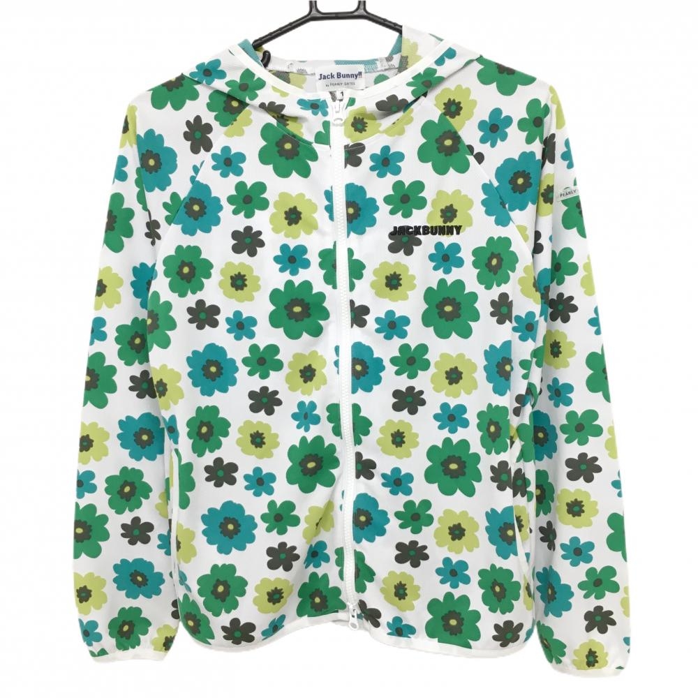 【美品】ジャックバニー ジップパーカー 白×グリーン 花柄 レディース 1(M) ゴルフウェア Jack Bunny